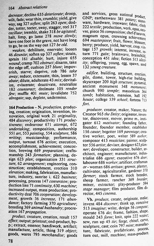 A page from Rogets Thesaurus with the entry for the word production