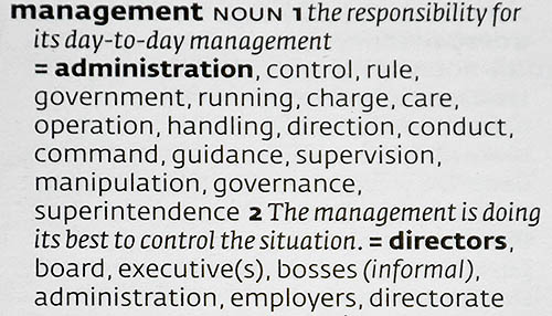 An entry from Collins English Thesaurus explaining the word management