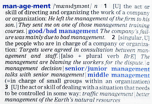 An entry from Longman Dictionary of Contemporary English explaining the word management