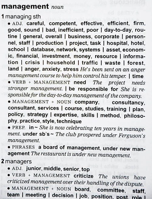 An entry from Oxford Collocations Dictionary explaining the word management