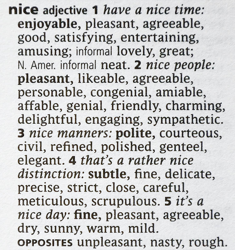 The entry for the word nice from Oxford Dictionary of Synonyms and Antonyms