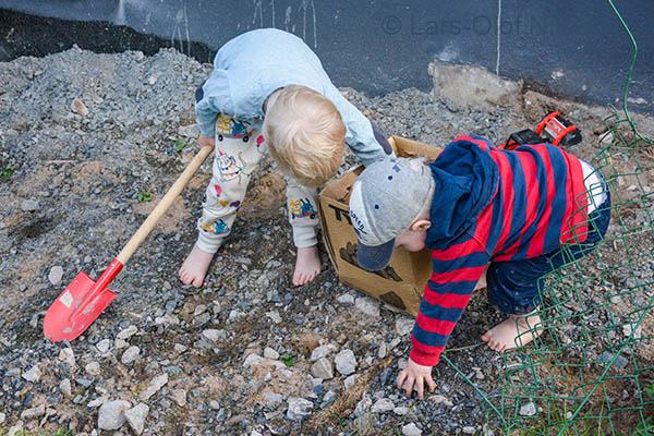 Two small boys are putting stones into a box. The image illustrates collaboration.