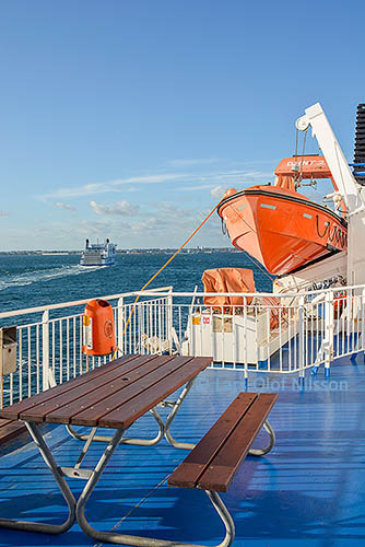 Starboard side of the deck of a passenger ship.