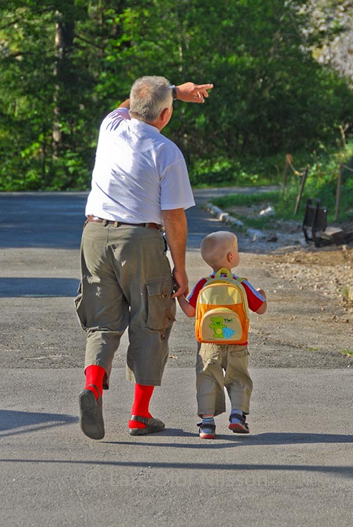 A small boy is taking a short walk with his grandfather.