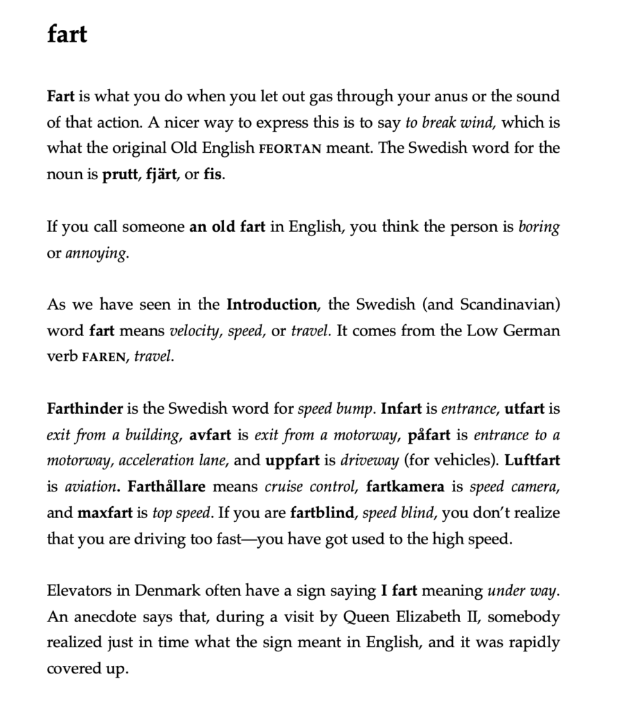 A page from a book about English–Swedish false friends, explaining the word fart.