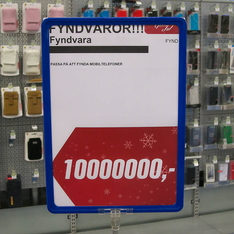The image shows a large price tag with an exorbitant price for bargain cellphones.